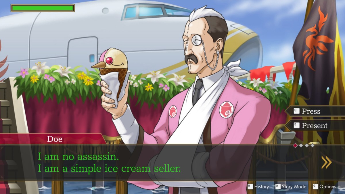 Ace Attorney Investigations 2 screenshot of John Doe claiming he's not an assassin but an ice cream seller