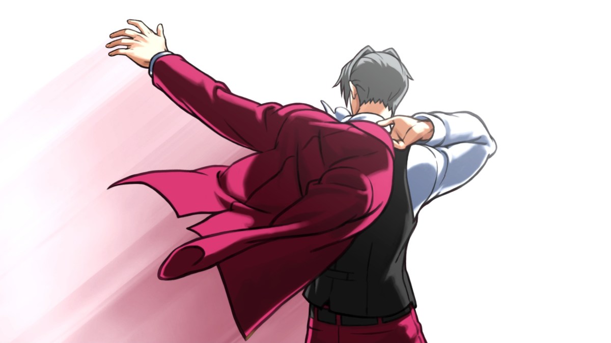 Ace Attorney Investigations screenshot of Miles Edgeworth putting on his coat