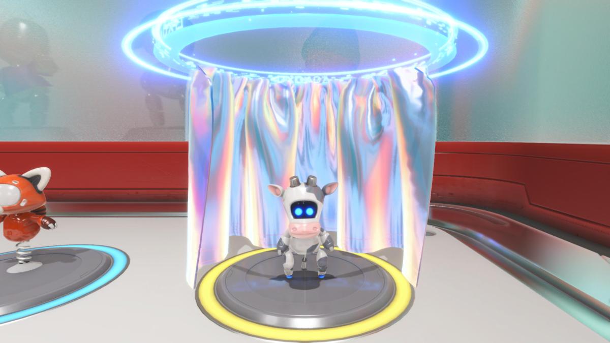 Astro Bot in his bovine outfit in the changing room