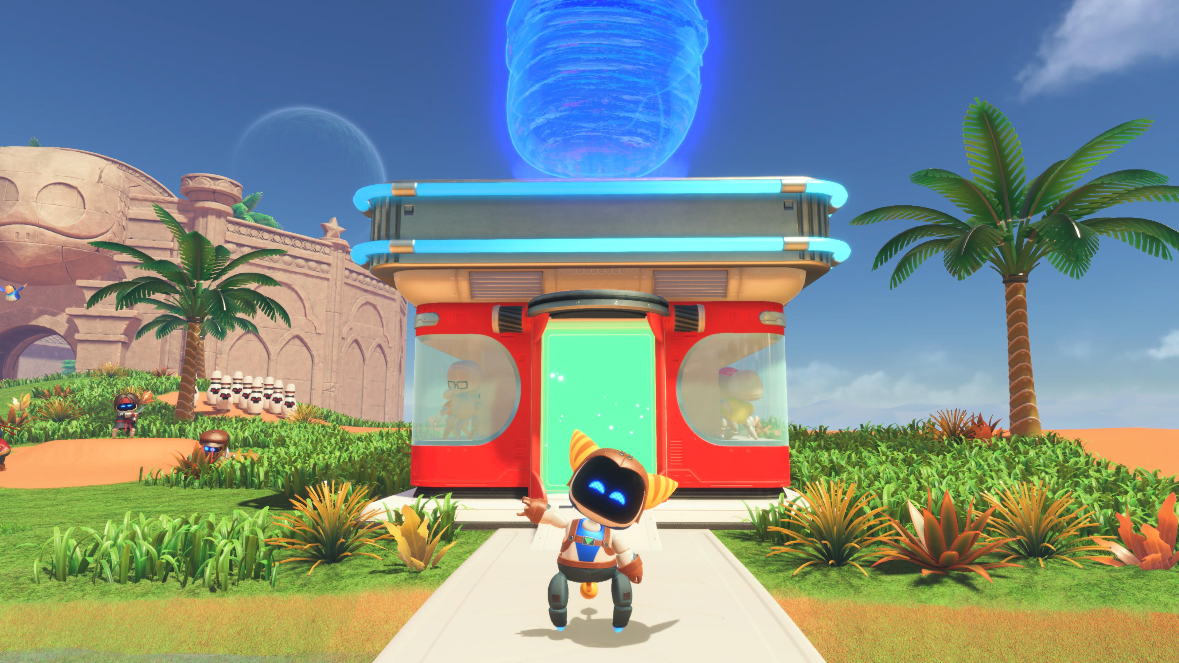 Astro Bot screenshot of Astro in a Ratchet outfit, waving to the screen in front of the changing room