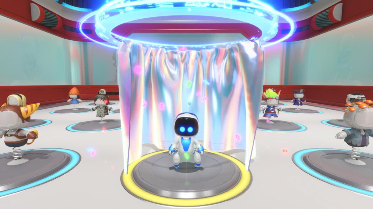 Astro Bot in his default outfit in the changing room