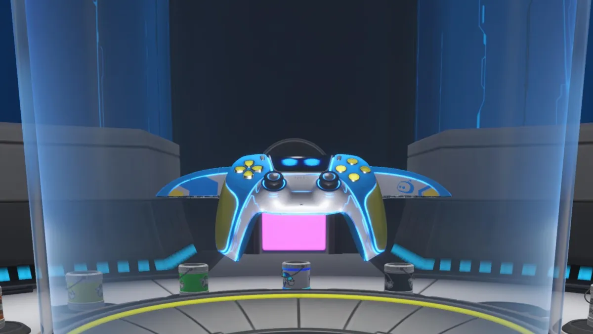 Astro Bot screenshot of the Anti-Grav Dual Speeder skin in the Dual Speeder Garage