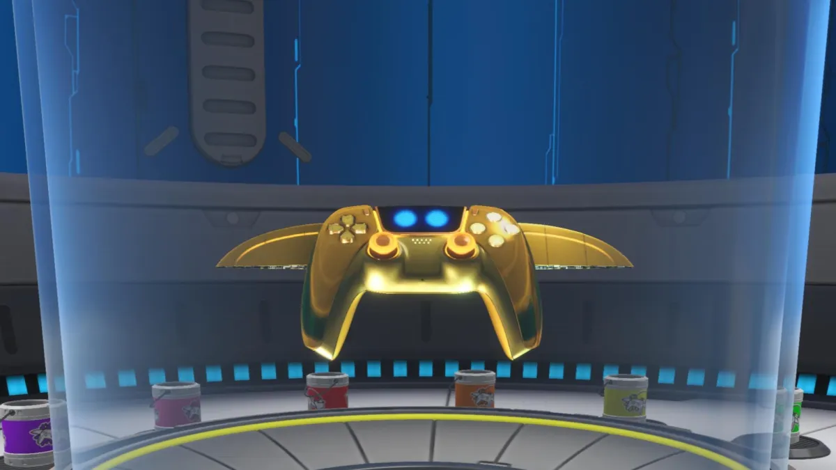 Astro Bot screenshot of the Champion's Gold Dual Speeder skin in the Dual Speeder Garage