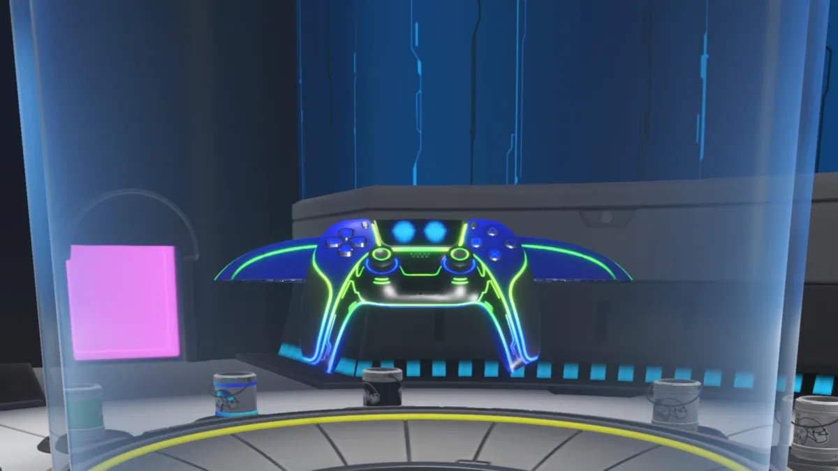 Astro Bot screenshot of the Cobalt Dusk Dual Speeder skin in the Dual Speeder Garage