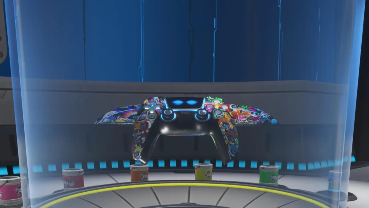 Astro Bot screenshot of the Glorious Graffiti Dual Speeder skin in the Dual Speeder Garage