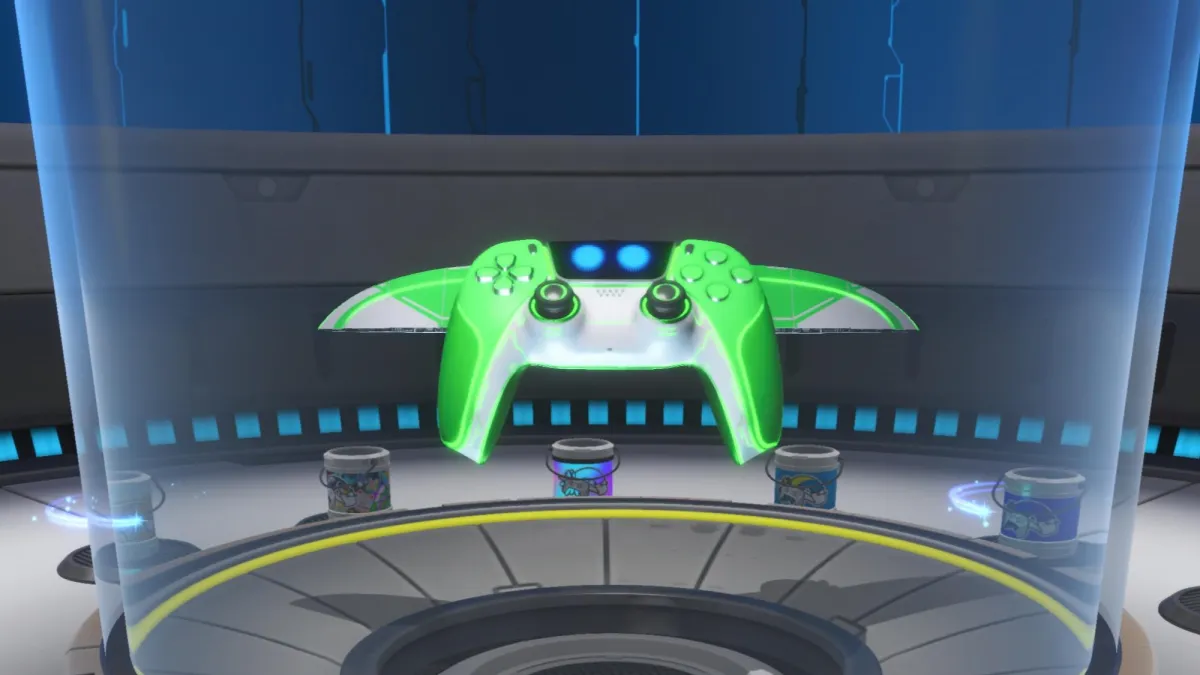 Astro Bot screenshot of the Hyper Lime Dual Speeder skin in the Dual Speeder Garage