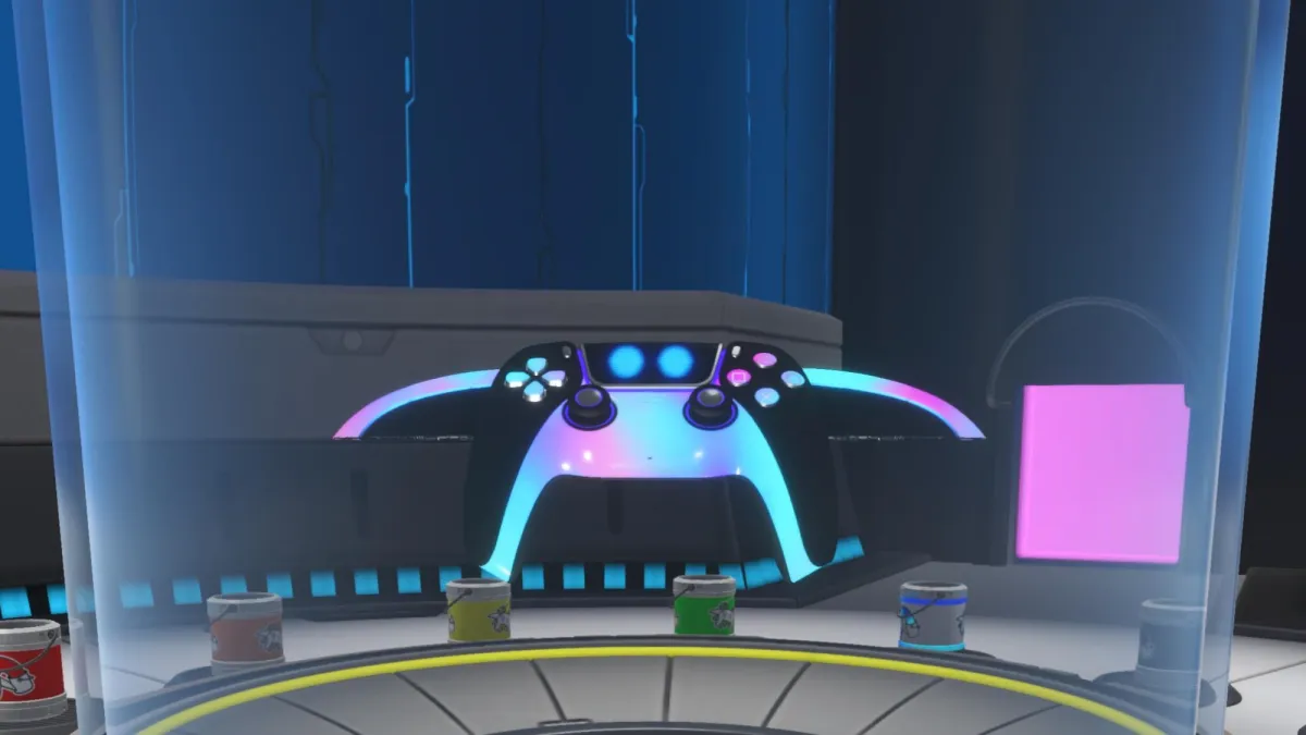 Astro Bot screenshot of the Neon Dream Dual Speeder skin in the Dual Speeder Garage