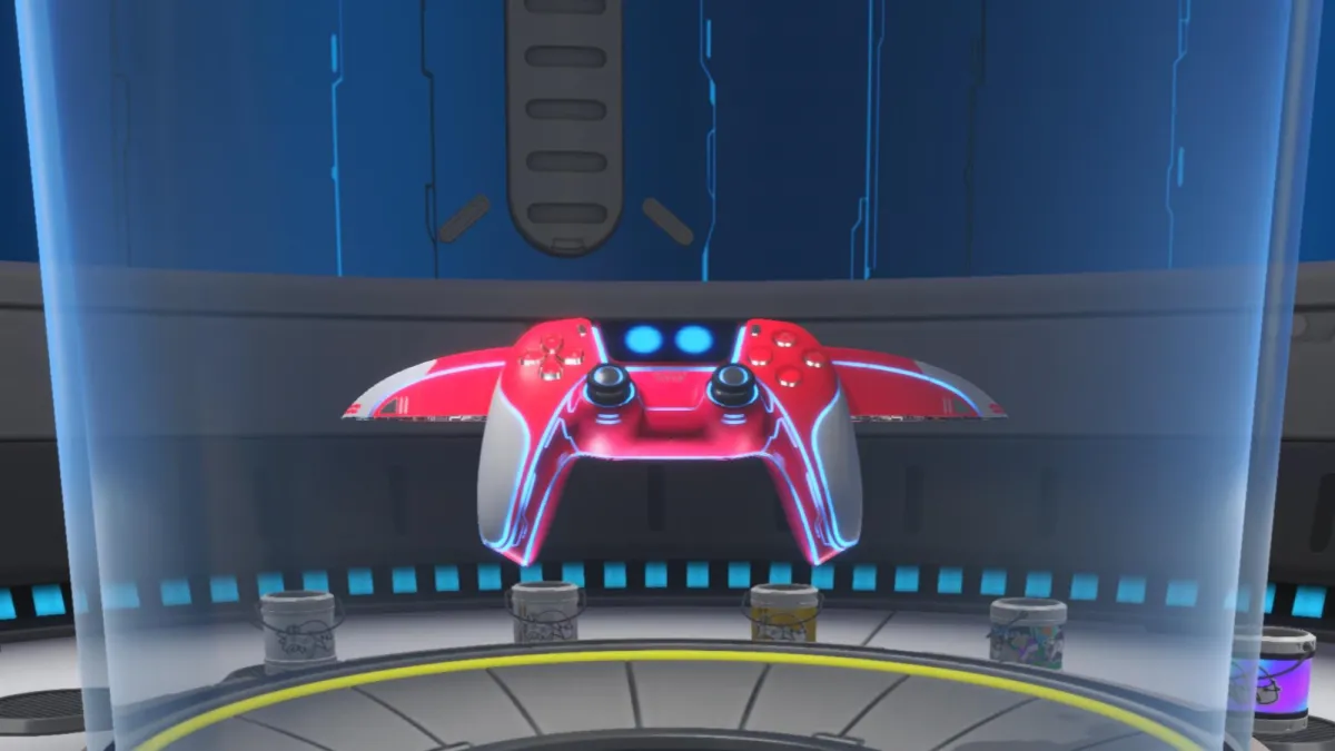 Astro Bot screenshot of the Striking Scarlet Dual Speeder skin in the Dual Speeder Garage