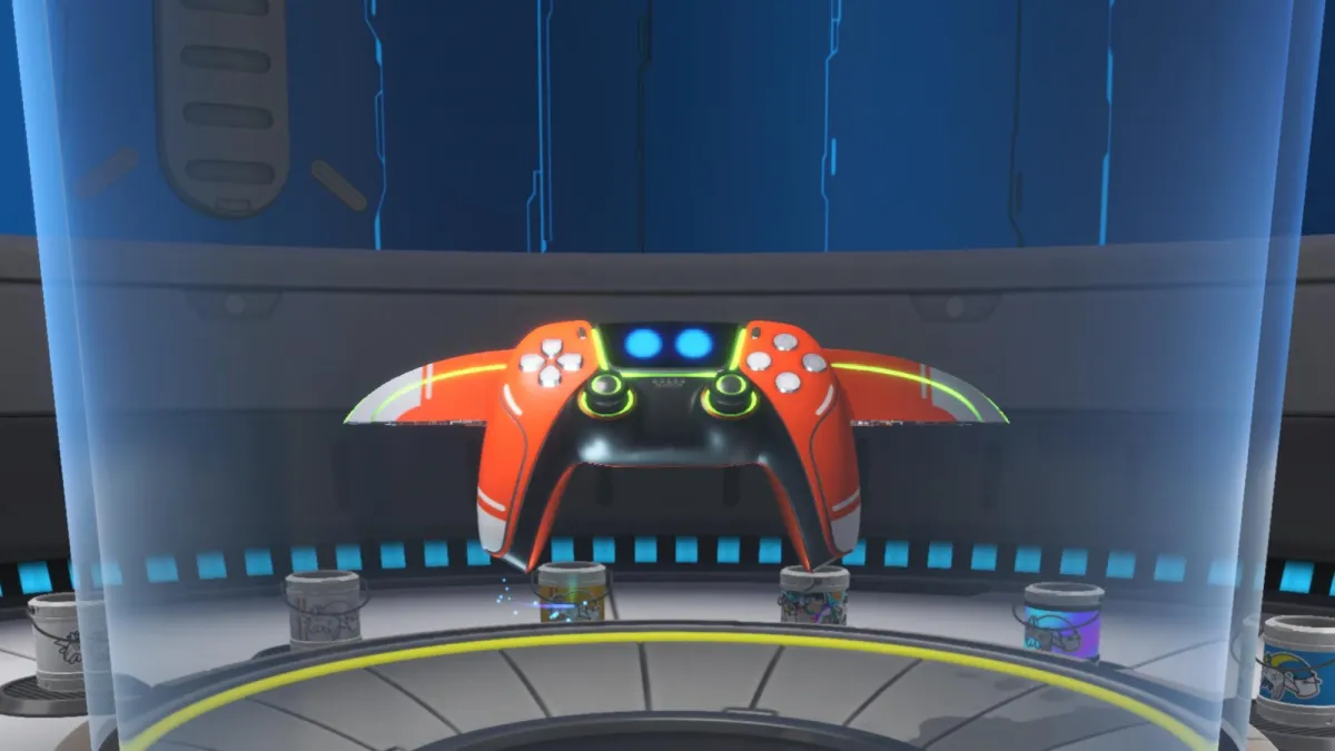 Astro Bot screenshot of the Turbo Tangerine Dual Speeder skin in the Dual Speeder Garage