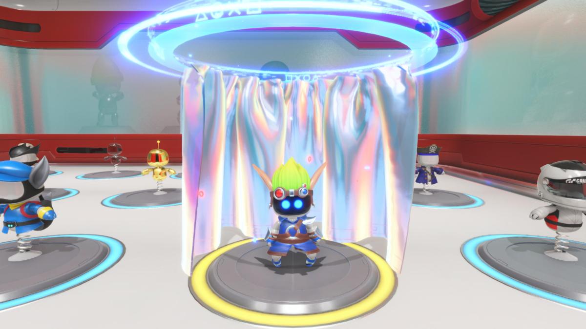 Astro Bot in his eco warrior jak and daxter outfit in the changing room