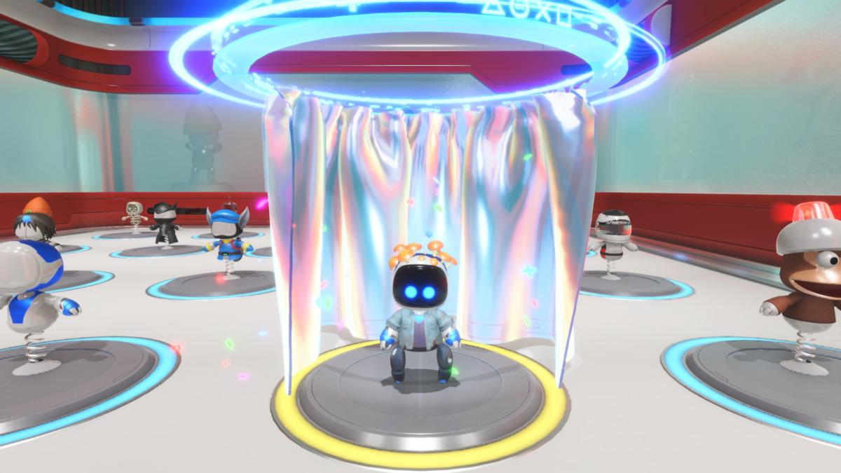 Astro Bot in his fungus head last of us outfit in the changing room