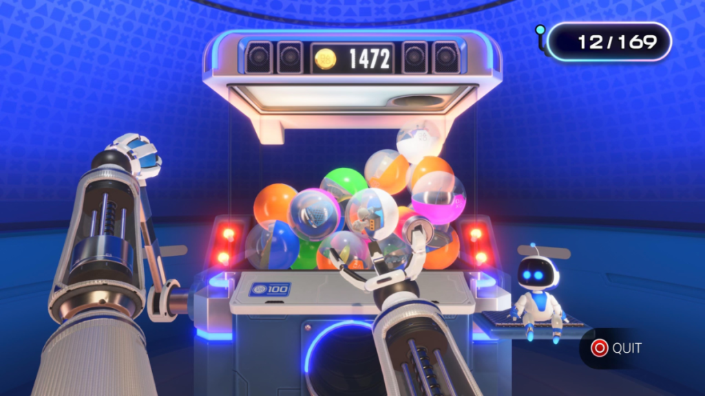 Astro Bot screenshot of robot arms using the gacha ball machine in the gacha lab