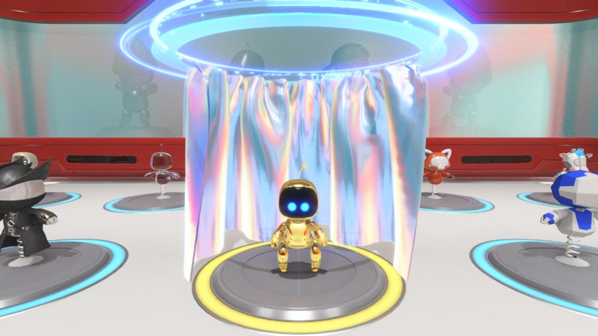 Astro Bot in his golden outfit in the changing room