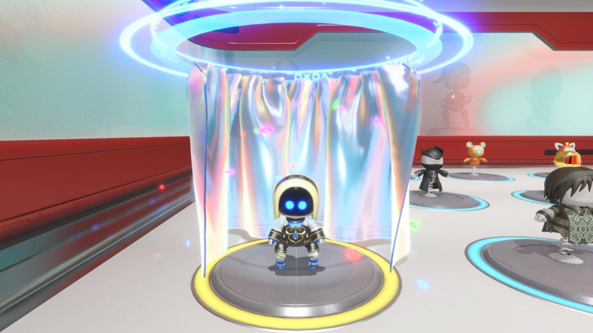 Astro Bot in his gravity shifter gravity rush outfit in the changing room