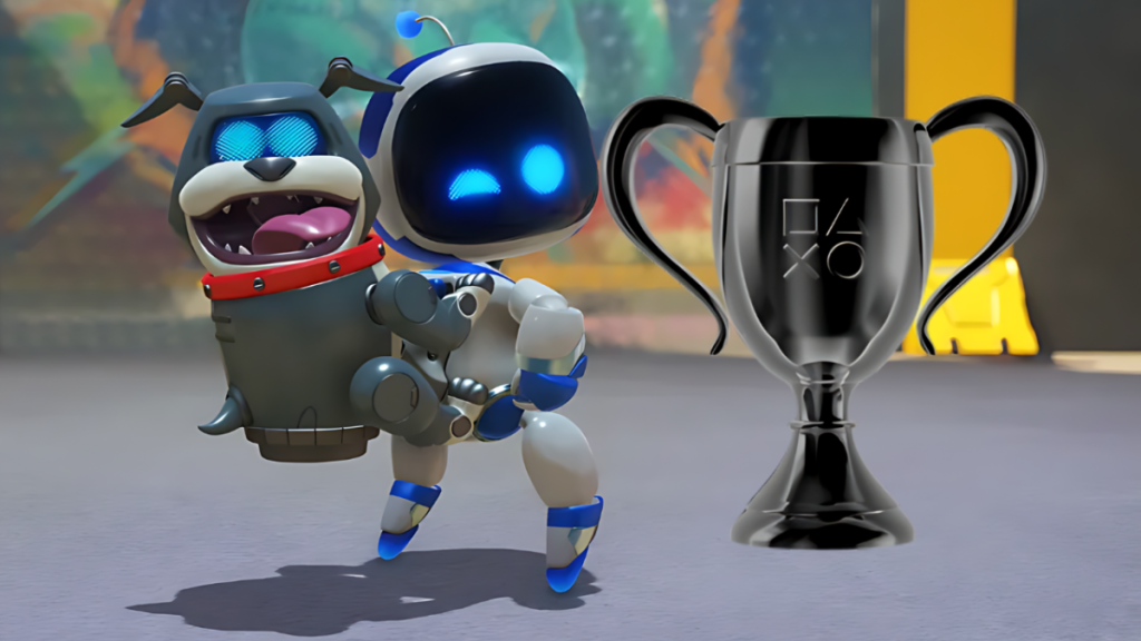 Astro Bot with a trophy next to him.