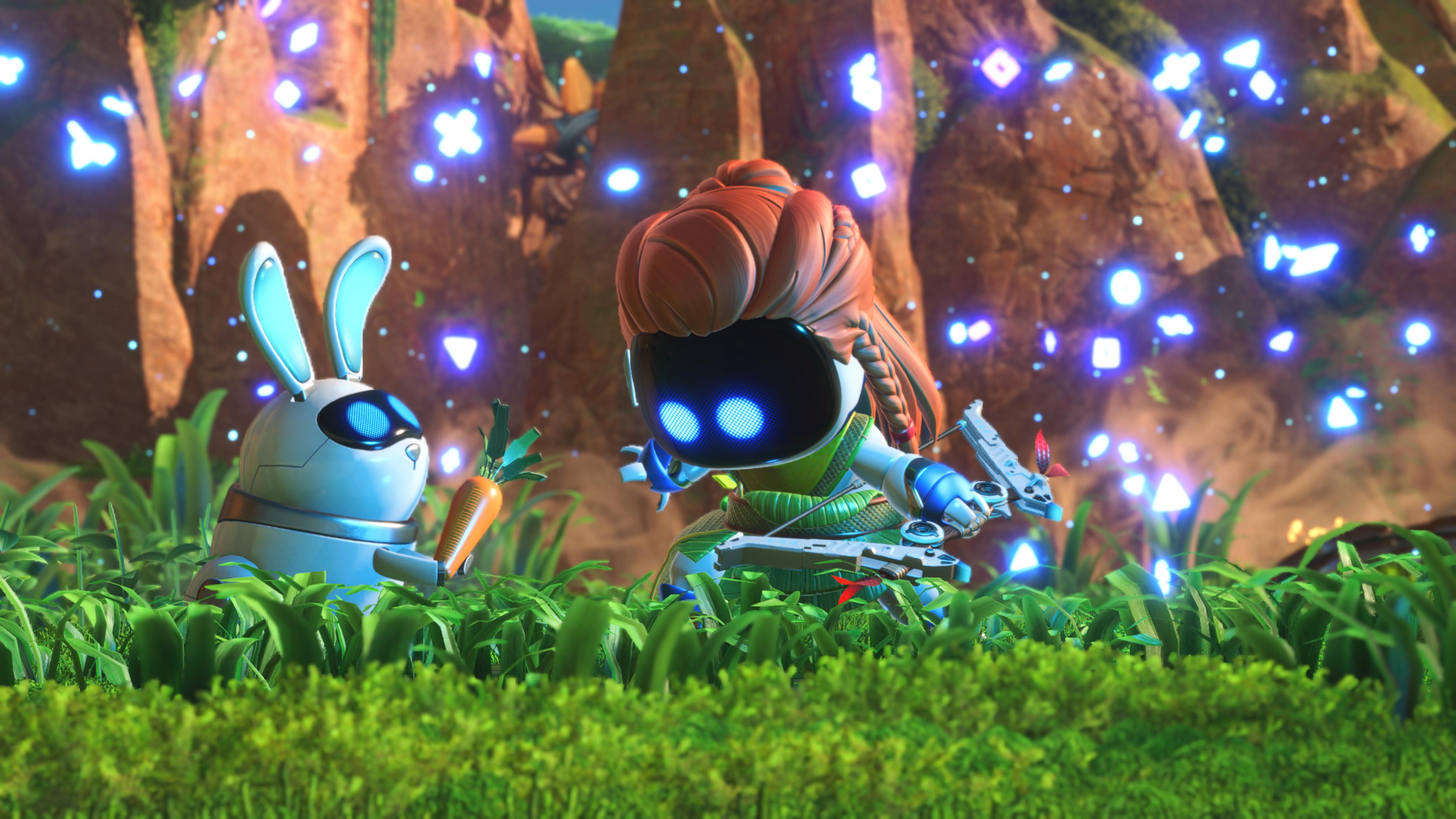 Astro Bot screenshot of the Aloy bot holding a bow and standing beside a rabbit