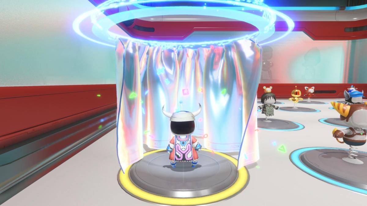 Astro Bot in his horned protector ico outfit in the changing room