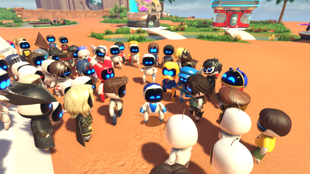 Astro Bot screenshot of Nathan Drake and Lara Croft bots standing close together in a group of other bots on Crash Site.