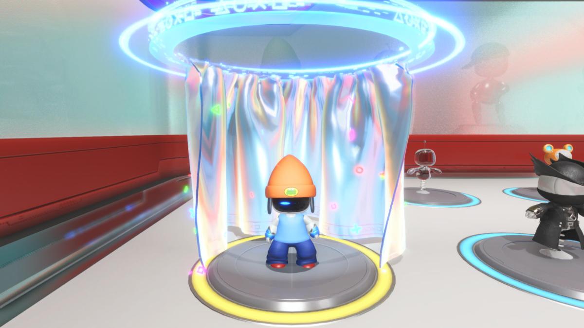 Astro Bot in his lovestruck lyricist parappa the rapper outfit in the changing room