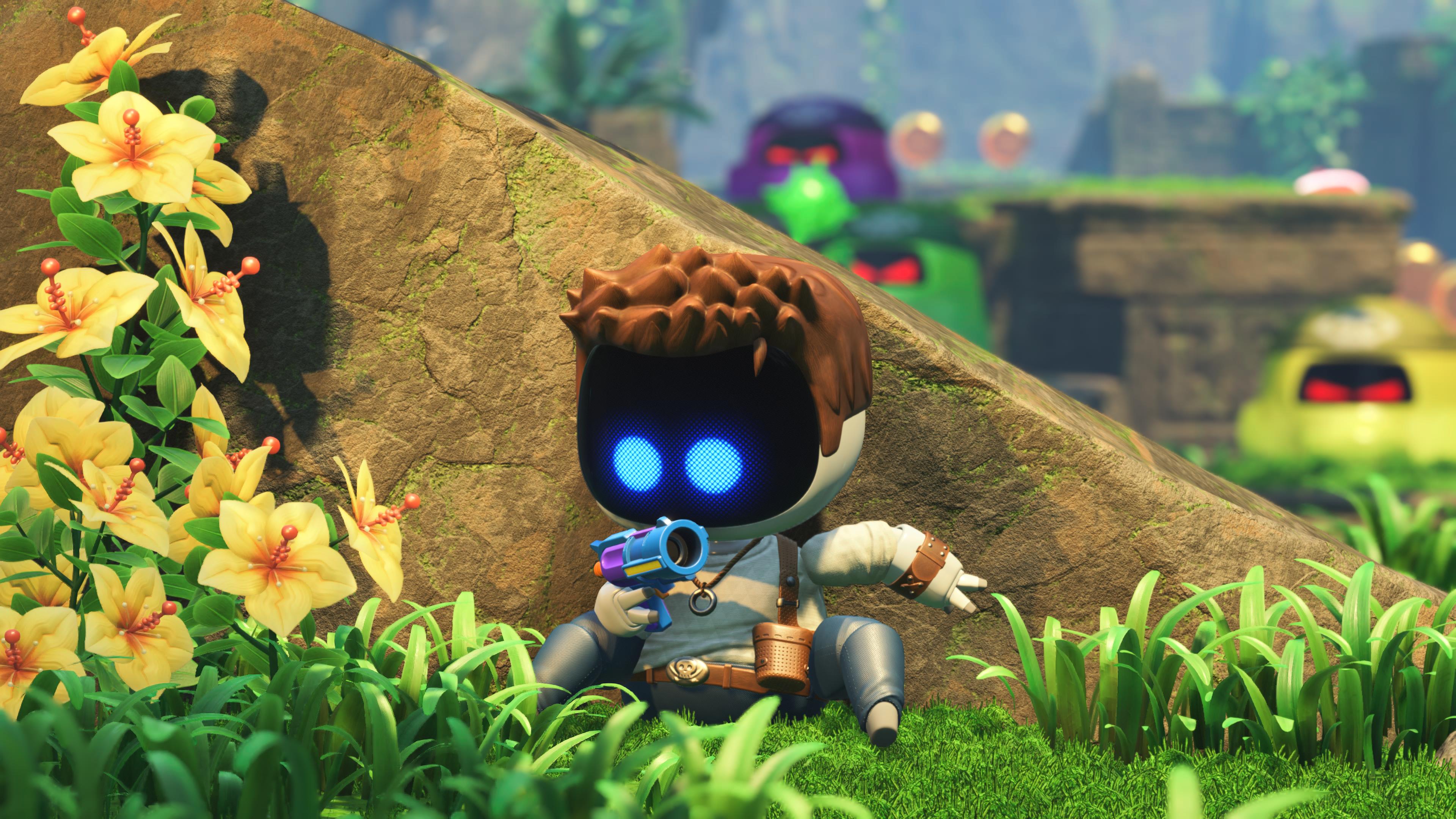 Astro Bot screenshot of a Nathan Drake bot looking down at his gun