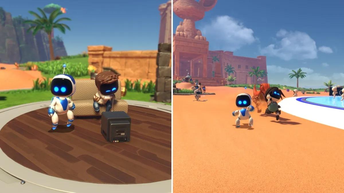 Two Astro Bot screenshots side by side together, one of the Nathan Drake bot on a couch playing video games and the other of the Lara Croft bot running away from a dinosaur.