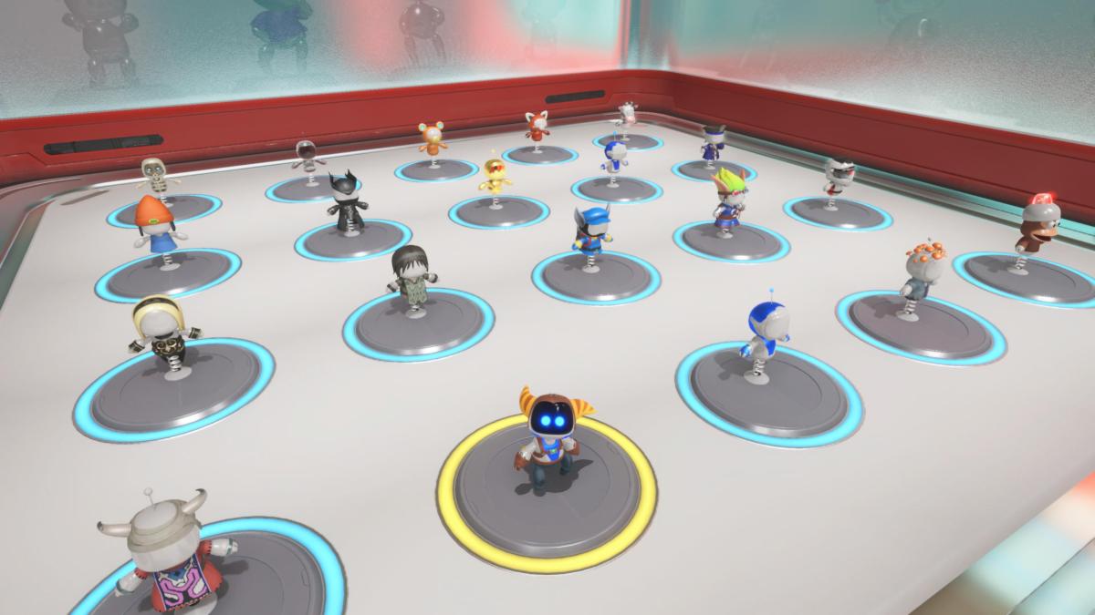 Astro Bot screenshot of Astro in a Ratchet outfit, standing in the middle of the changing room among all the other outfits.