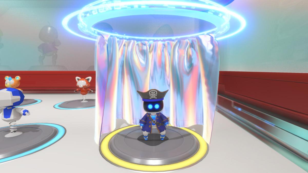 Astro Bot in his pirate outfit in the changing room