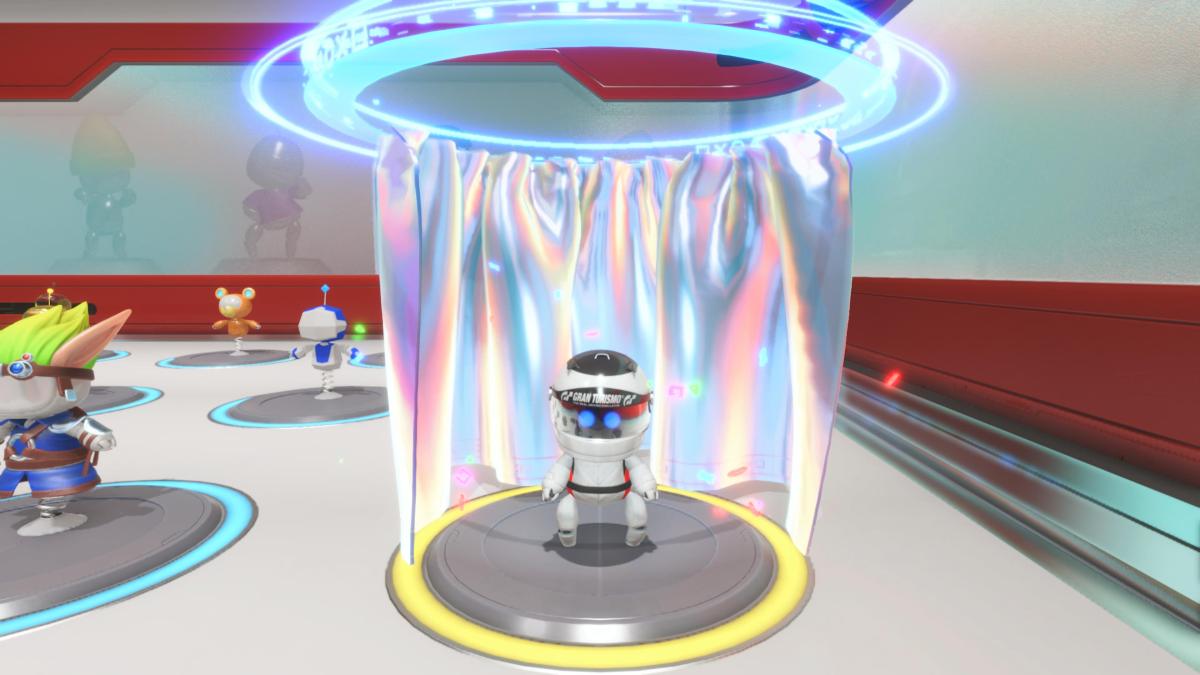 Astro Bot in his pro driver gran turismo outfit in the changing room