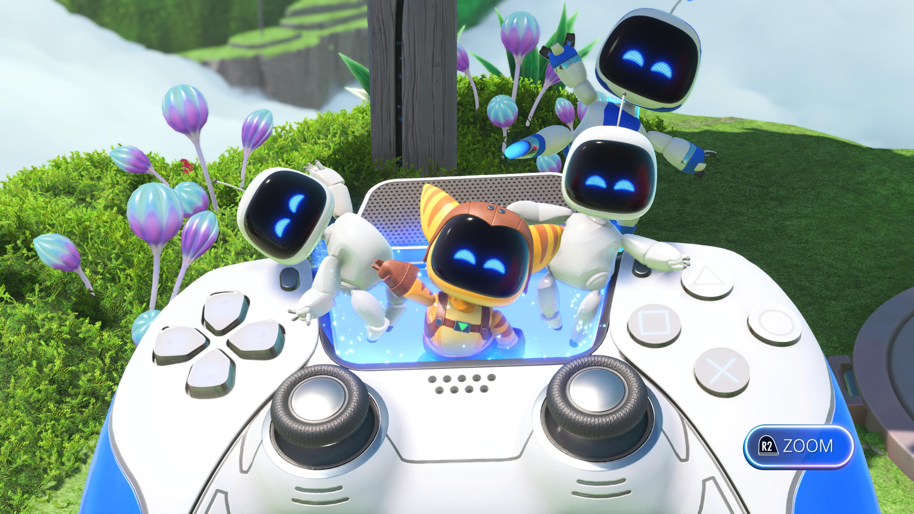 Astro Bot screenshot of a Ratchet Bot and three regular bots collected inside the Dual Speeder controller