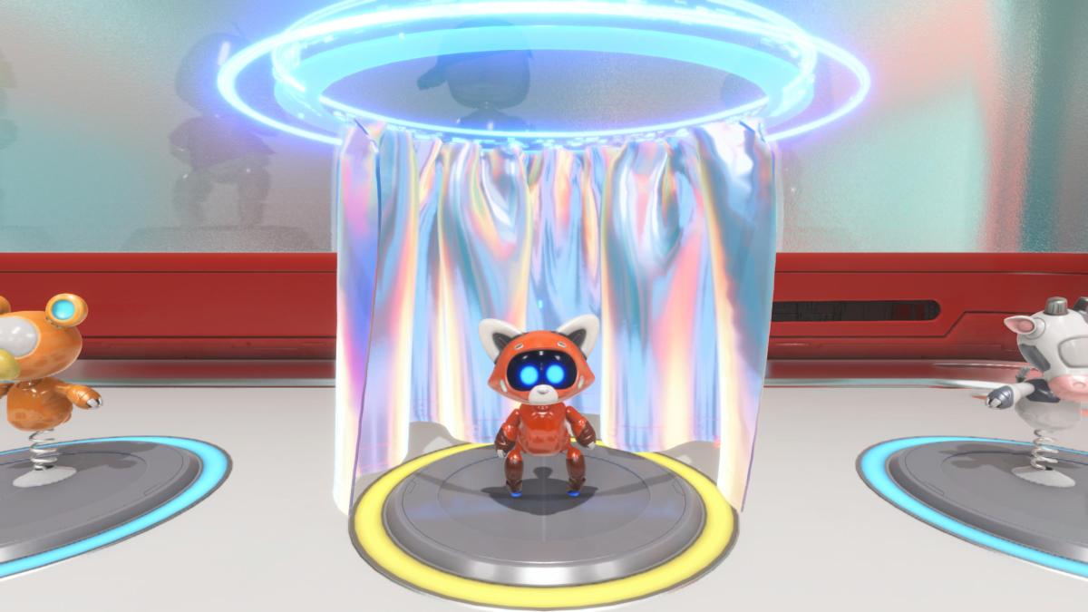 Astro Bot in his red panda outfit in the changing room