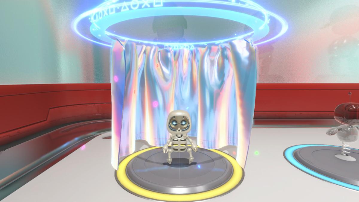 Astro Bot in his skelly outfit in the changing room