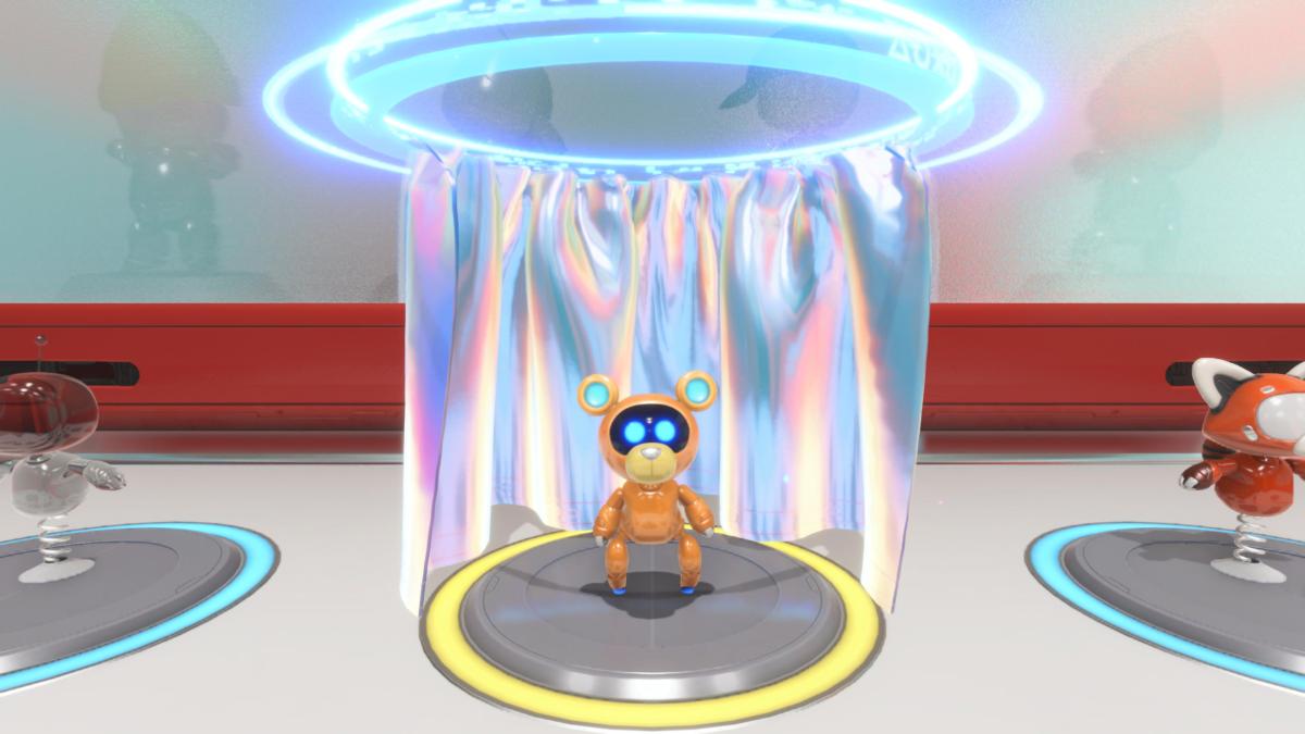 Astro Bot in his teddy outfit in the changing room