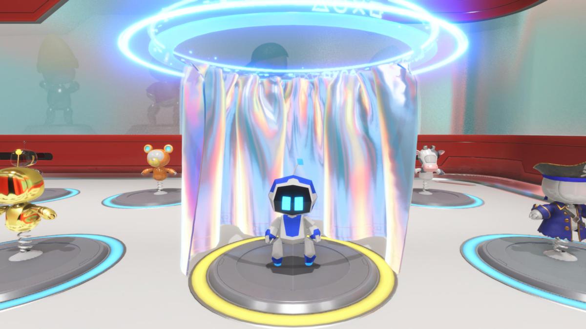 Astro Bot in his throwback outfit in the changing room