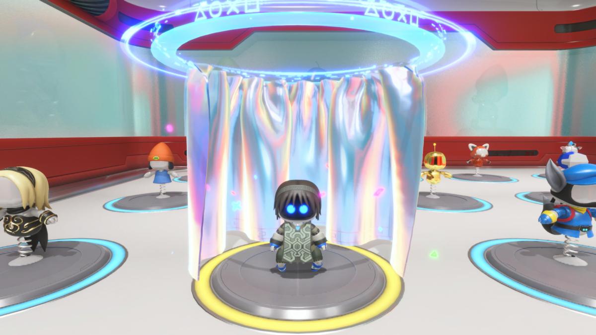 Astro Bot in his wandering trespasser shadow of the colossus outfit in the changing room