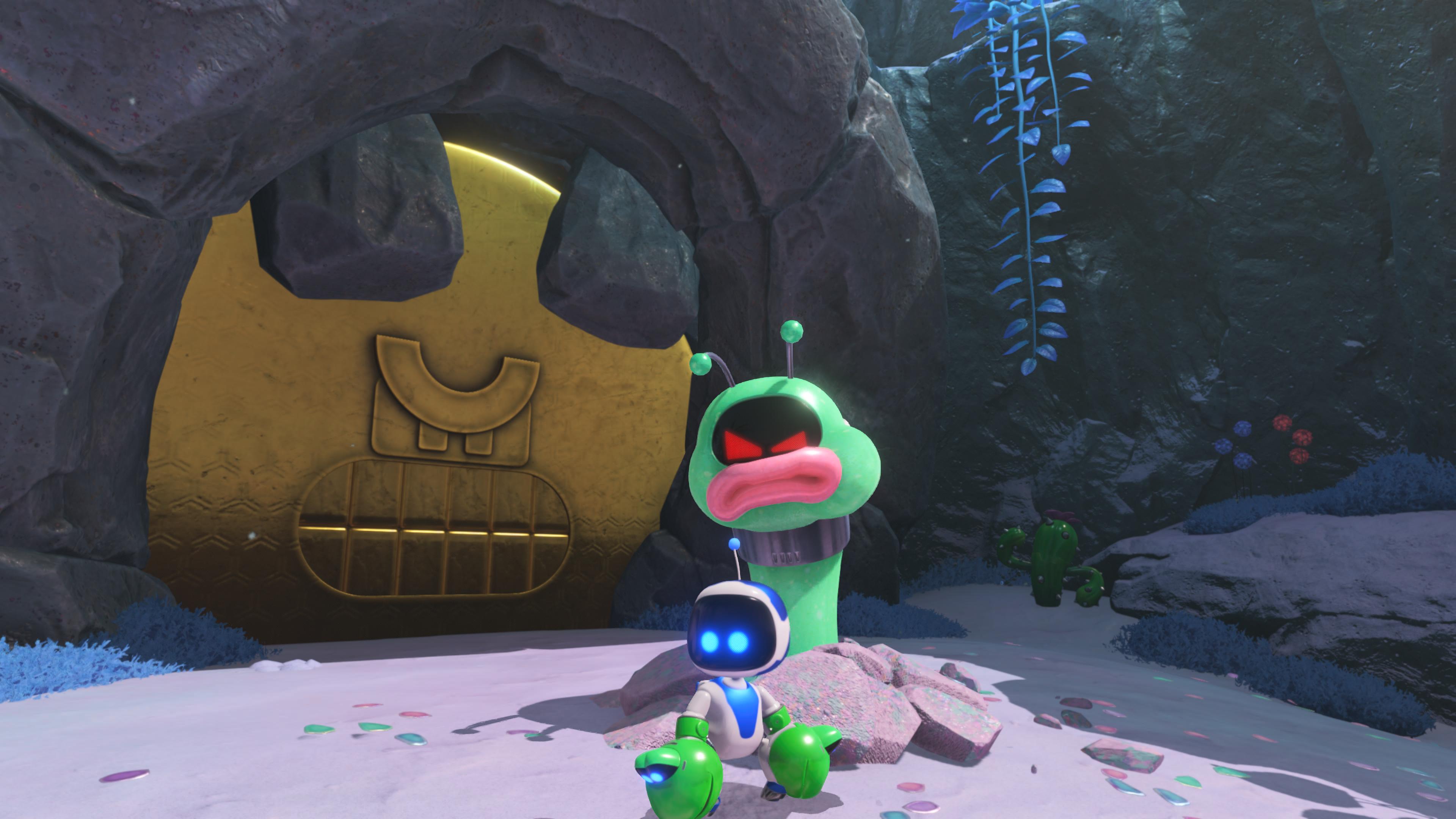 Astro Bot screenshot of Astro wearing Twin-Frog Gloves in front of a Wormy