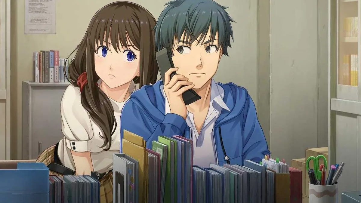 Ayumi and the main character listening to a phone call in Emio: The Smiling Man