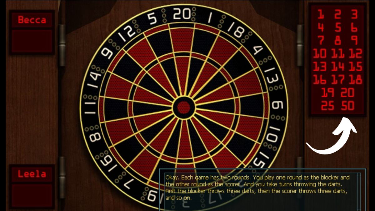 Screenshot of the dart board for Scram in Warnings at Waverly Academy, with an arrow to the number block tracker