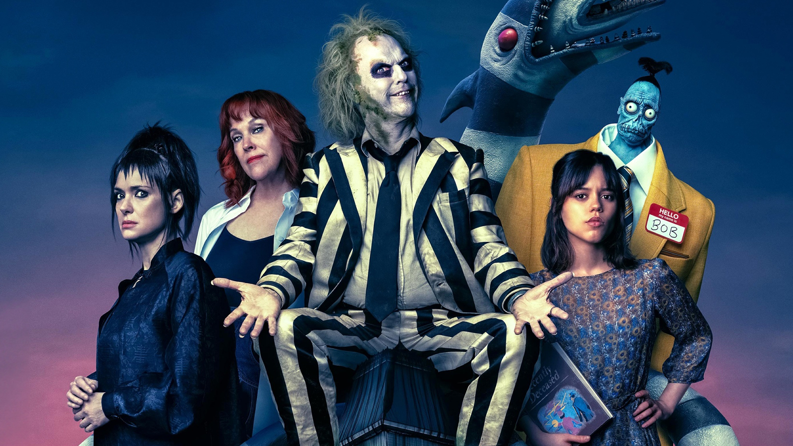 Cropped poster art for Beetlejuice Beetlejuice featuring the core ensemble cast