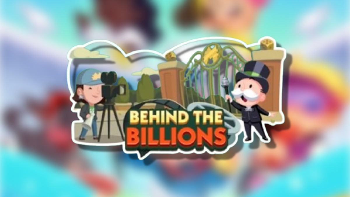 The Monopoly GO Behind the Billions logo on top of a blurred Monopoly GO Background in an article detailing the rewards and milestones players can earn