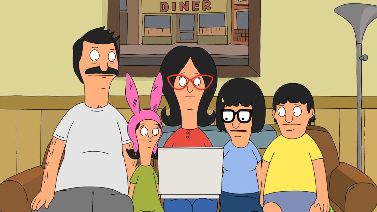 Bobs burgers family on couch looking at laptop