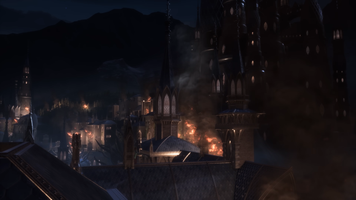 Night has fallen on a city while buildings burn in the distance in Dragon Age: The Veilguard 