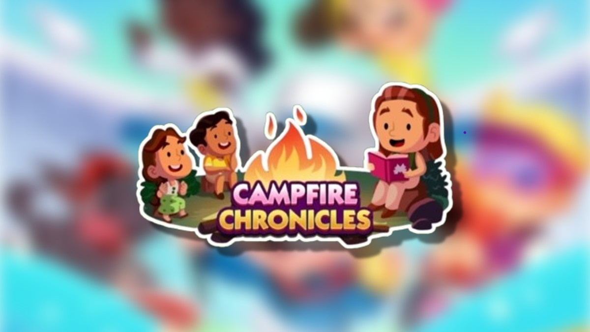 The Monopoly GO Campfire Chronicles Logo on a blurred Monopoly GO background in an article detailing the rewards and milestones of this event