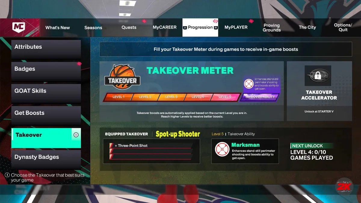 The Takeover ability screen in MyCAREER mode in NBA 2K25