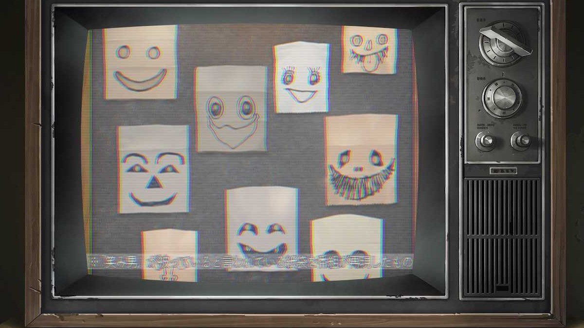 A TV screen filled with smiley faces on Paper Bags in Emio: The Smiling Man