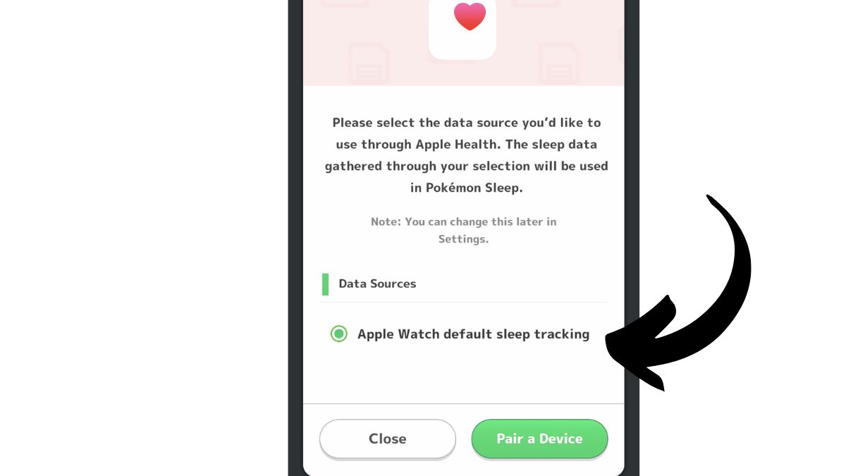 Screen to choose a data source for Pokemon Sleep syncing to smartwatch with Apple Health