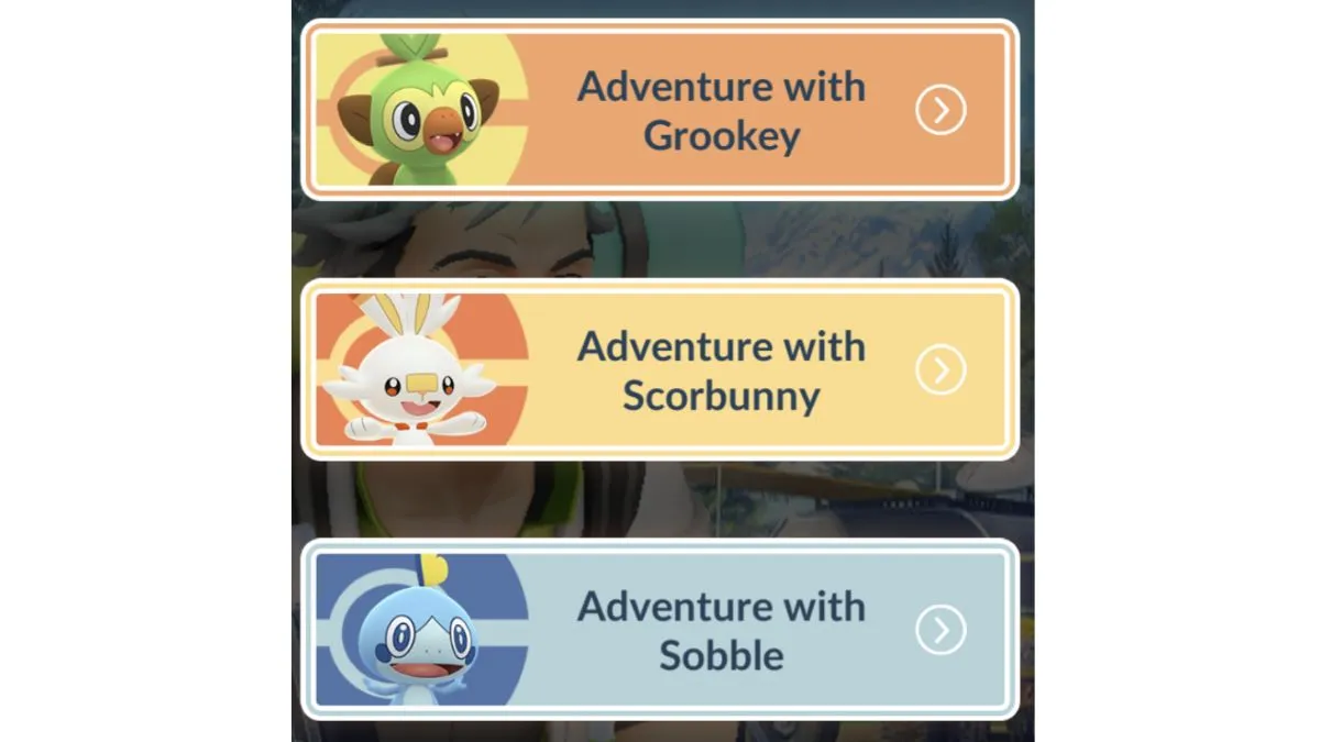 Screen showing three choices - Adventure with Grookey, Adventure with Scorbunny, or Adventure with Sobble