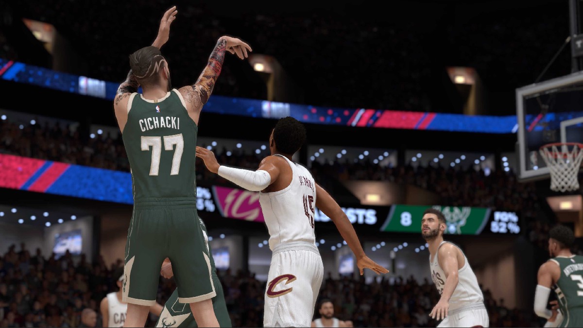 MyPLAYER hitting a 3 point shot in NBA 2K25 in an article detailing how much VC would be required for an 85 OVR rating