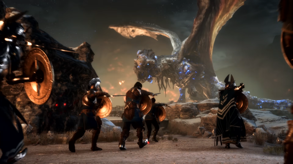 Several soldiers cautiously approach a blighted Dragon that's glowing blue in Dragon Age: The Veilguard