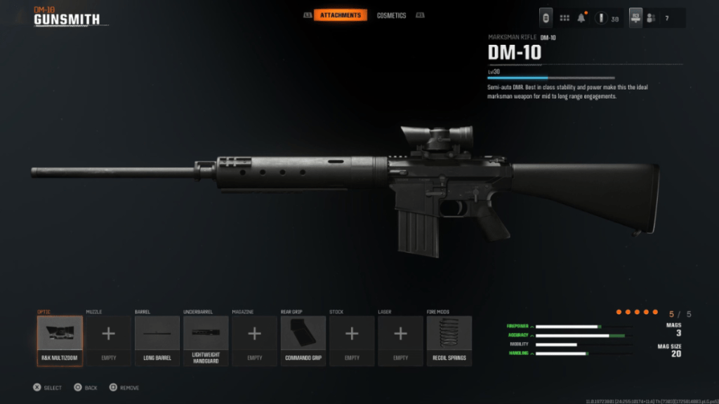 Image of the DM-10 in the gunsmith menu in Black Ops 6, with an assortment of equipment already selected 