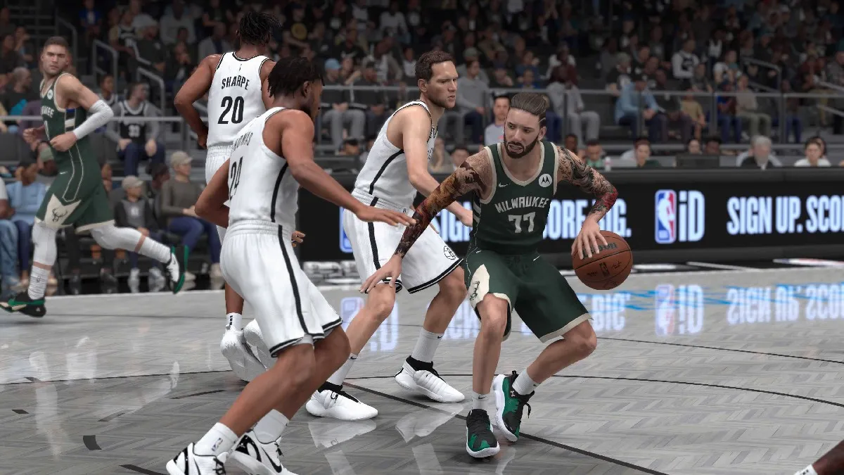 A MyPlayer hitting a defensive move in NBA 2K25